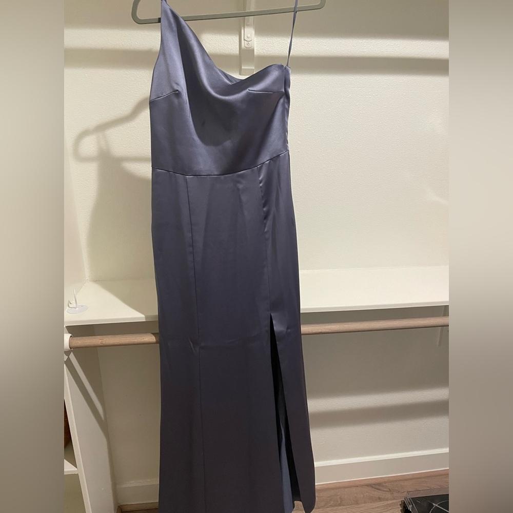 Amsale One Shoulder Satin Gown in Silver